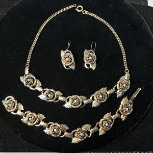 Vintage Cabbage Rose Necklace Bracelet Earrings Set Gold Tone & Rhinestones